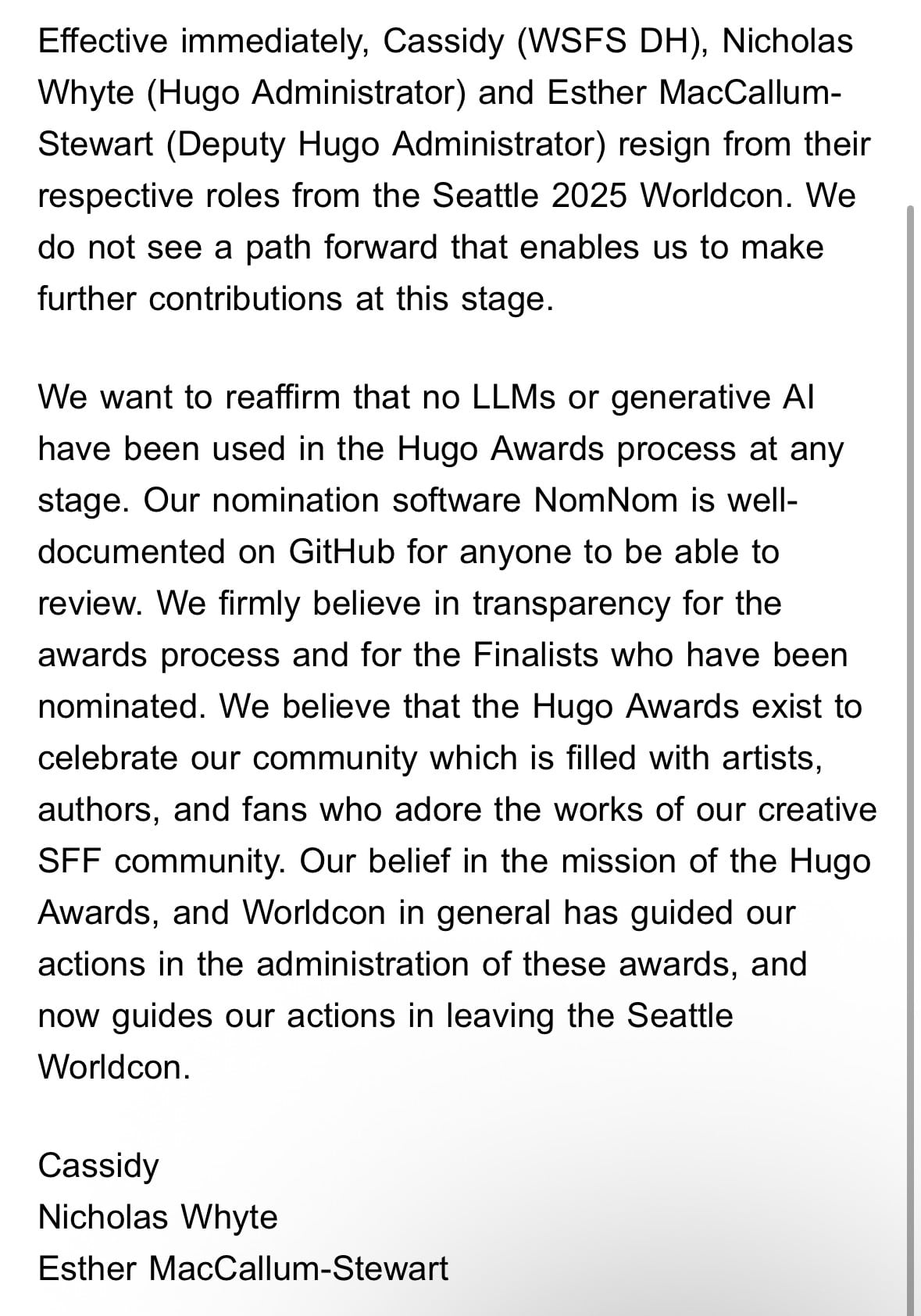 Hugo Awards resignation